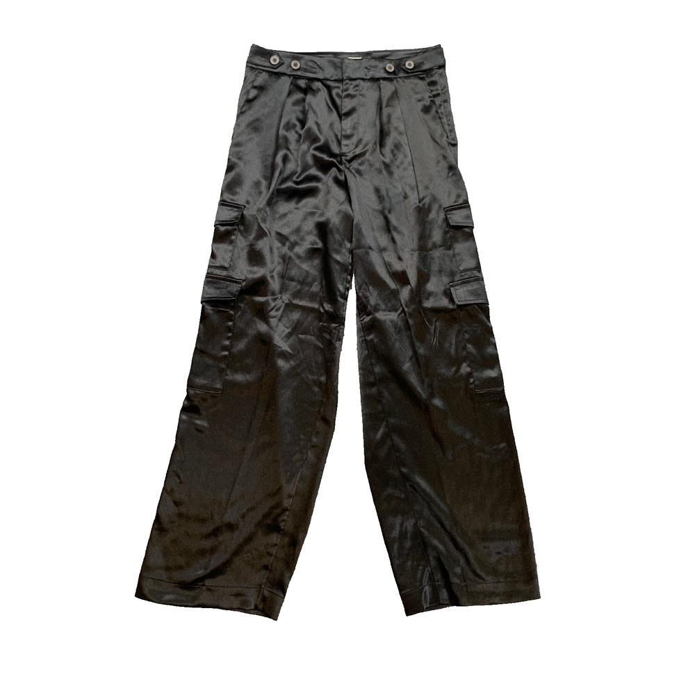 A New Day Pants Womens 6 Black High Rise Reflective Woven Satin Relaxed Wide Leg